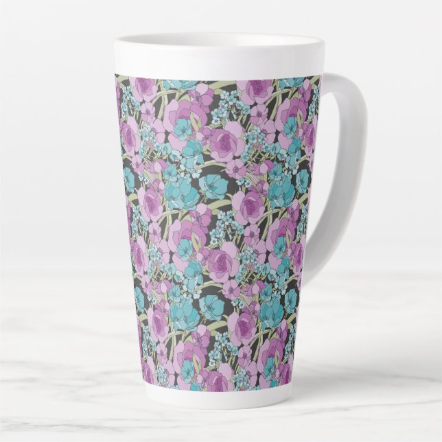 Tasse Latte Elégant motif floral rose pourpre fond noir (Angle droit)