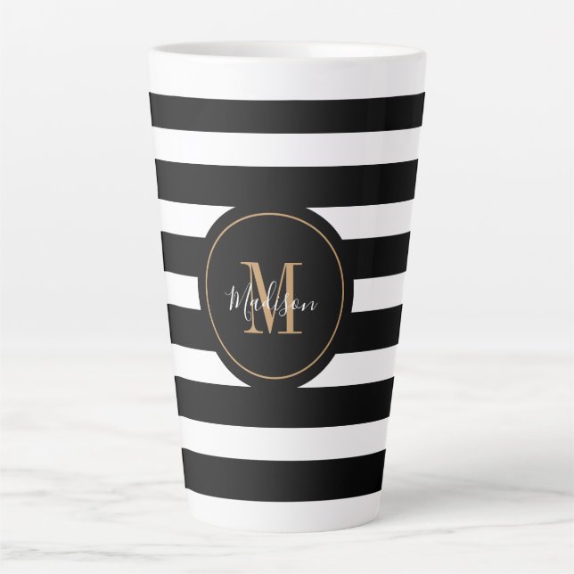 Tasse Latte Élégant Noir Blanc Or Script Monogramme (Devant)