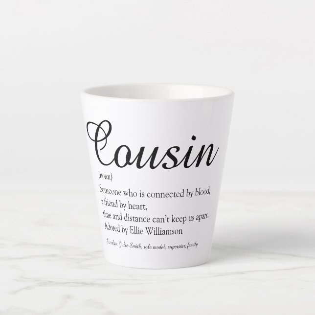Tasse Latte Élégant noir et blanc Script Cousin Définition (Devant)
