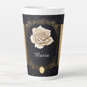 Tasse Latte Élégant Rose Blanche et Dessin Doré