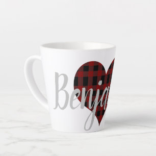 Tasse Latte Élégant Tartan de Coeur Noir Rouge Plaid Monogra