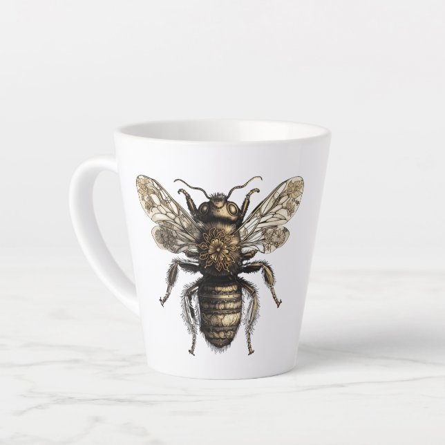 Tasse Latte Elégante abeille à fleurs dorées (Angle gauche)
