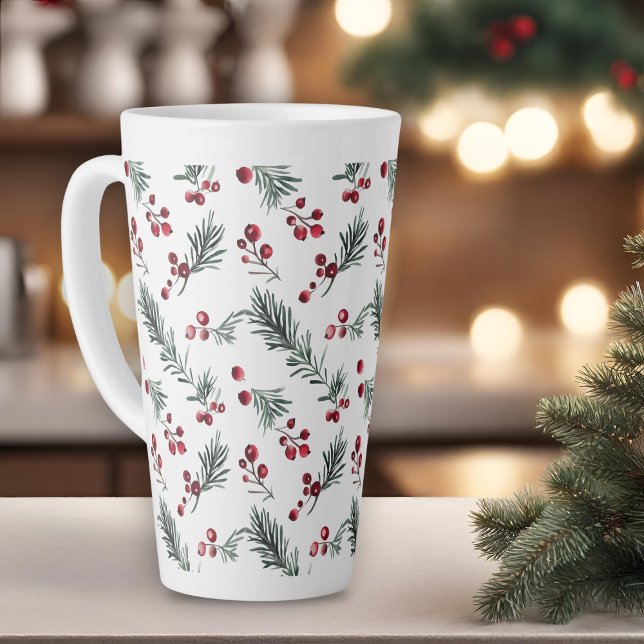 Tasse Latte Elégante aquarelle de Noël Motif botanique (Elegant Christmas Watercolor Botanical Pattern Latte Mug)
