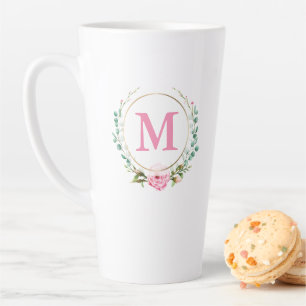 Tasse Latte Élégante couronne florale avec monogramme rose et 