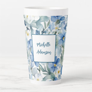 Tasse Latte Elégante Fleurs Bleues Bleues Bleues Rétro