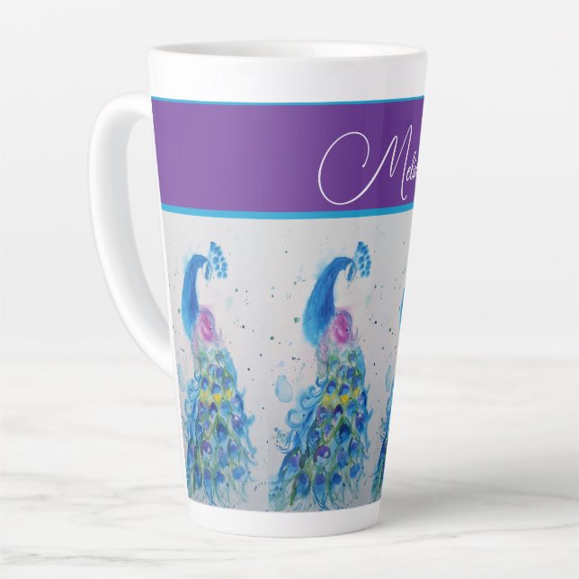 Tasse Latte Elégante Peacock Aquarelle Bleu Peinture Femmes (Angle gauche)