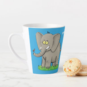 Tasse Latte Éléphant drôle mignon avec oiseau sur le nez dessi