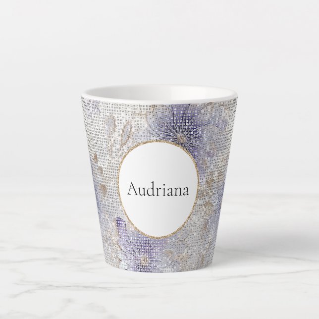 Tasse Latte Éperche Florale Blanche Violet Or (Devant)