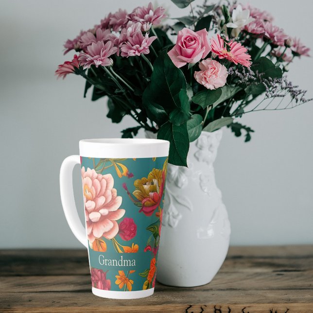 Tasse Latte Étonnant rose fleuri orange et turquoise (Créateur téléchargé)