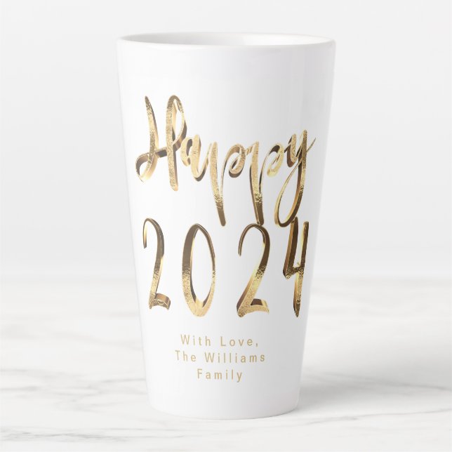 Tasse Latte Faux Gold Script Happy 2024 Nouvel An (Devant)
