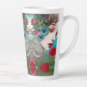 Tasse Latte Feminine Red Lips et Rose Peacock Abstrait
