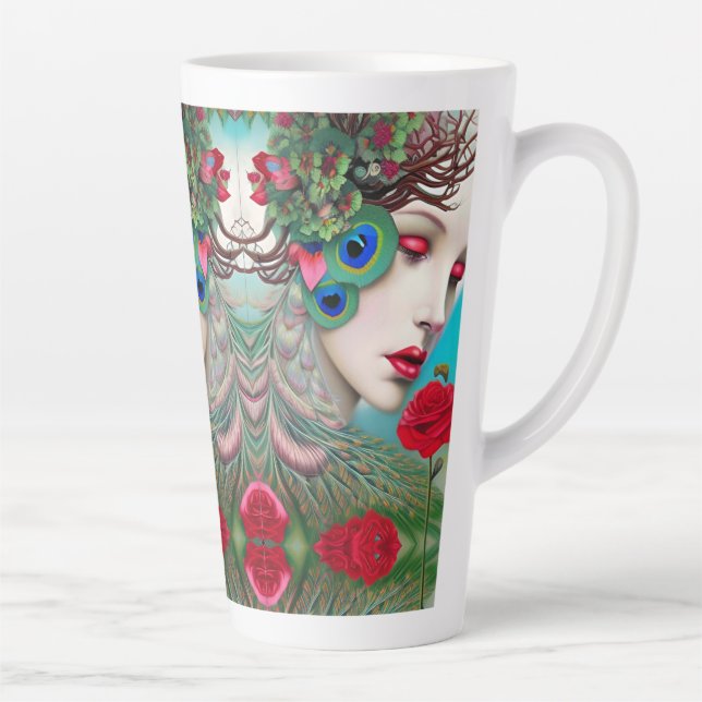 Tasse Latte Feminine Red Lips et Rose Peacock Abstrait (Droite)