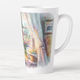 Tasse Latte Fenêtre de cottage ensoleillée avec fleurs sauvage