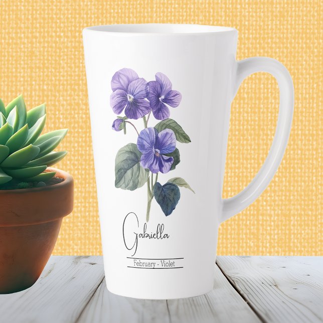 Tasse Latte Fête de la Fleur du Mois de naissance Violet Latte (Créateur téléchargé)