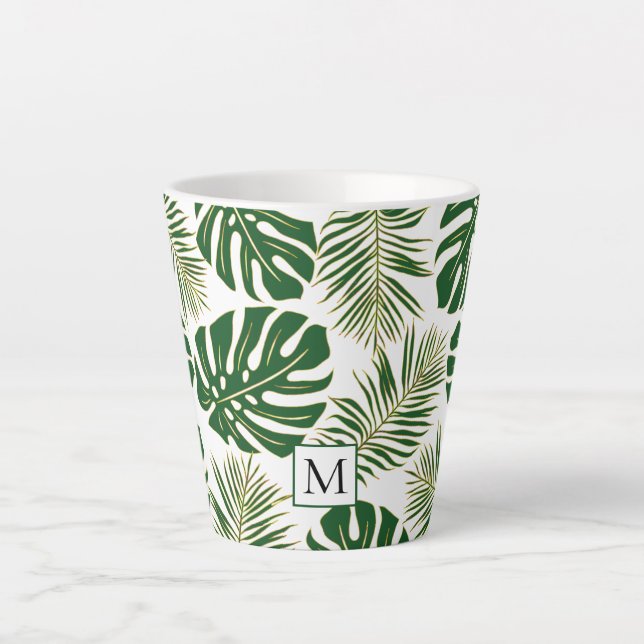Tasse Latte Feuilles et monogramme vert foncé et or (Devant)