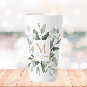 Tasse Latte Feuilles tropicales vertes aquarelles Monogramme