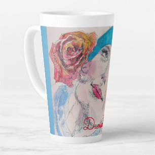 Tasse Latte Fille avec Rose Rouge Beret Aquarelle Florale Fleu