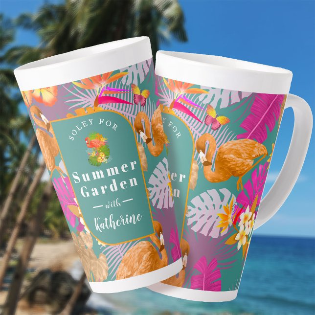 Tasse Latte Flamant rose Garden Turquoise (Flamingo Garden Turquoise Latte Mug.)