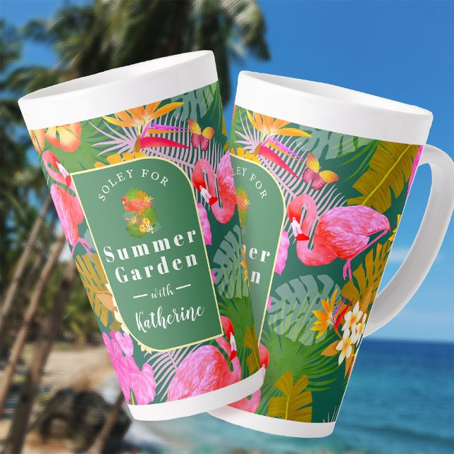 Tasse Latte Flamant rose Garden Vert foncé (Flamingo Garden Dark Green Latte Mug.)
