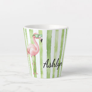 Tasse Latte Flamant rose Green Pink Stripes Anniversaire
