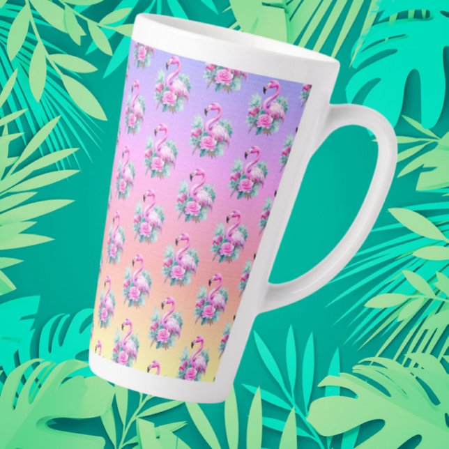 Tasse Latte Flamant rose rose de coucher de soleil tropical po (Tropical sunset flamingo large latte mug)