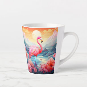 Tasse Latte Flamant rose tropical avec fleurs-76280