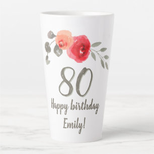 Tasse Latte Fleur Aquarelle Rose Rouge Fleur 80e Anniversaire