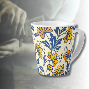 Tasse Latte Fleur Bleue Feuillue Florale Folk Vintage Jaune Or