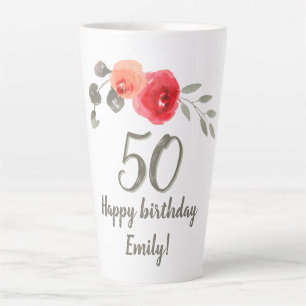 Tasse Latte Fleur d'aquarelle rouge 50e anniversaire Floral