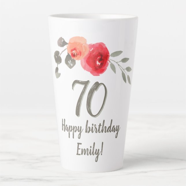 Tasse Latte Fleur d'aquarelle rouge rose 70e anniversaire Flor (Devant)