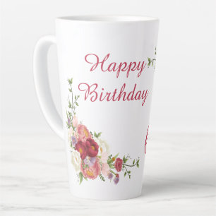 Tasse Latte Fleur de pivoine blanche rose Joyeux anniversaire 