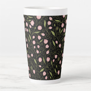 Tasse Latte Fleur mignonne, rose sur noir avec motif répétitif
