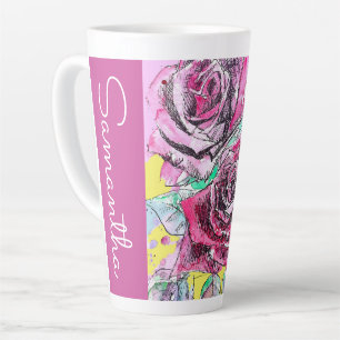 Tasse Latte Fleur rouge Floral Aquarelle Femme Nom