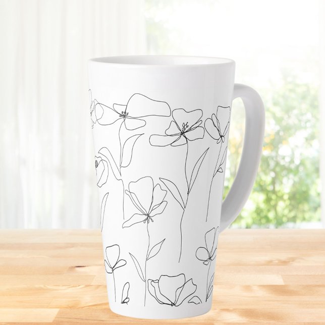 Tasse Latte Fleur sauvage de pavot noir et blanc minimal flora (In situ Kitchen table)