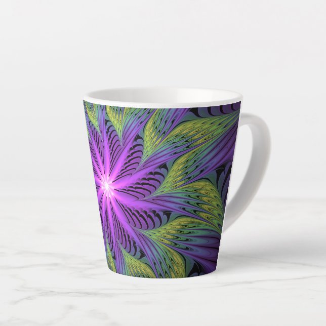 Tasse Latte Fleuron vert violet Art Abstrait fractal moderne (Angle droit)