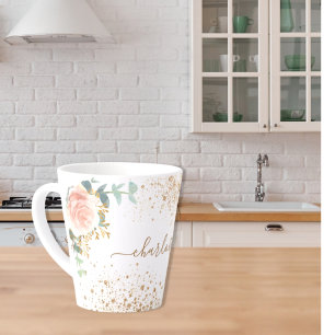 Tasse Latte fleurons d'or rose eucalyptus or nom parties scint