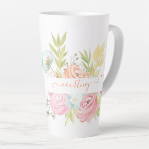 Tasse Latte Fleurs aquarelles orange et rose personnalisées  