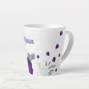 Tasse Latte fleurs blanches violettes mariage botanique argent