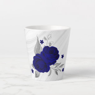 Tasse Latte fleurs bleu royal feuilles argent marbre
