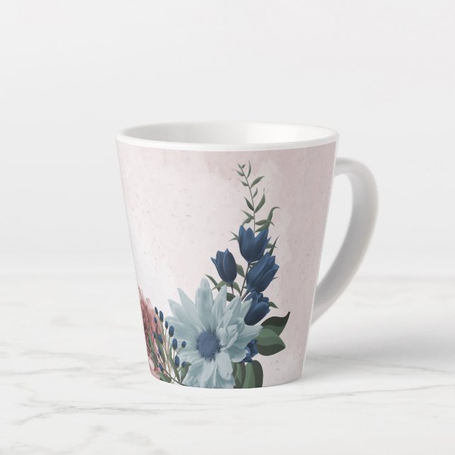 Tasse Latte Fleurs bleues roses romantiques feuillage (Angle droit)