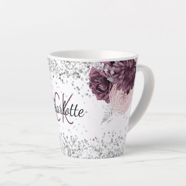 Tasse Latte Fleurs bordeaux argentées élégant nom monogramme (Angle droit)