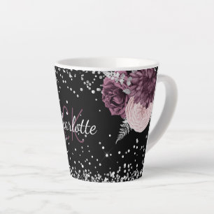 Tasse Latte Fleurs bordeaux noires élégant nom monogramme