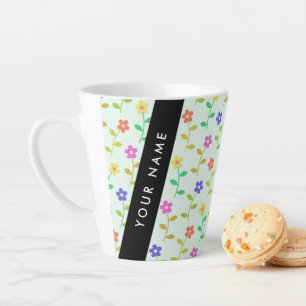 Tasse Latte Fleurs colorées, Arrière - plan vert clair, Noir