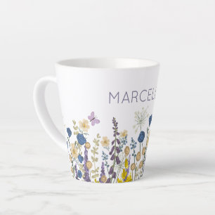 Tasse Latte Fleurs colorées et papillons Nom personnalisé
