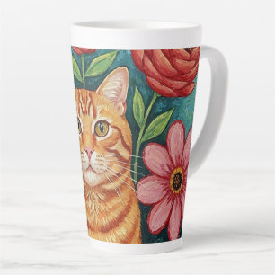 Tasse Latte Fleurs d'art populaire de chat orange