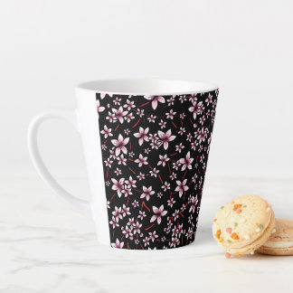 Tasse Latte Fleurs de cerisier roses sur fond noir