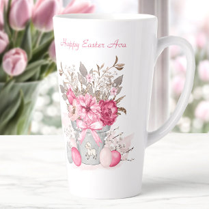 Tasse Latte Fleurs de printemps roses Pâques Nom personnalisé