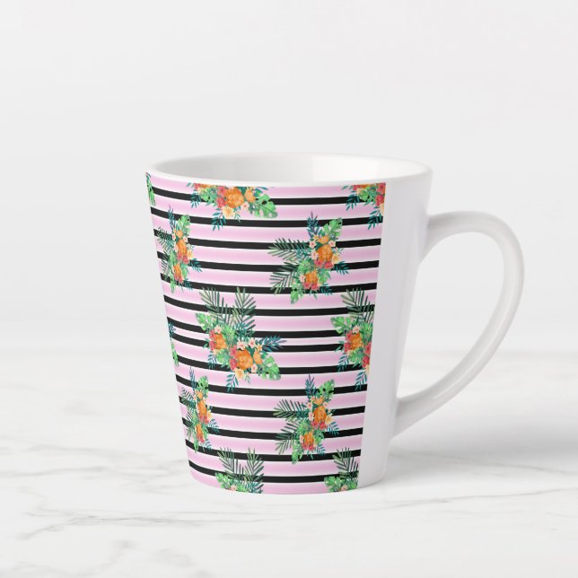 Tasse Latte Fleurs de rayures noires et roses (Droite)