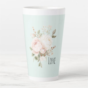Tasse Latte Fleurs de rose blanches roses saumonées menthe