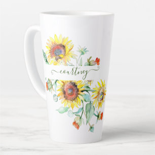 Tasse Latte Fleurs de soleil aquarelles personnalisées